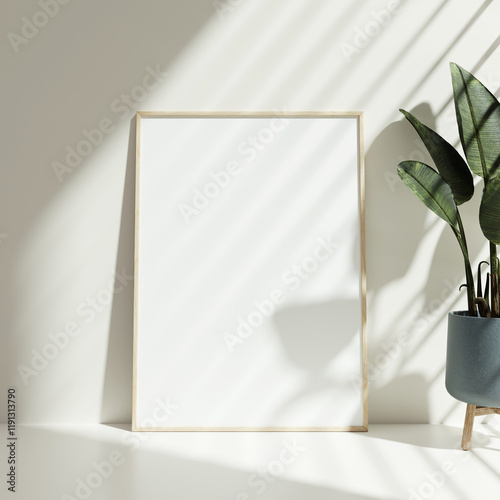 Blank picture frame mockup on gray wall. White living room design. View of modern scandinavian style interior with artwork mock up on wall.