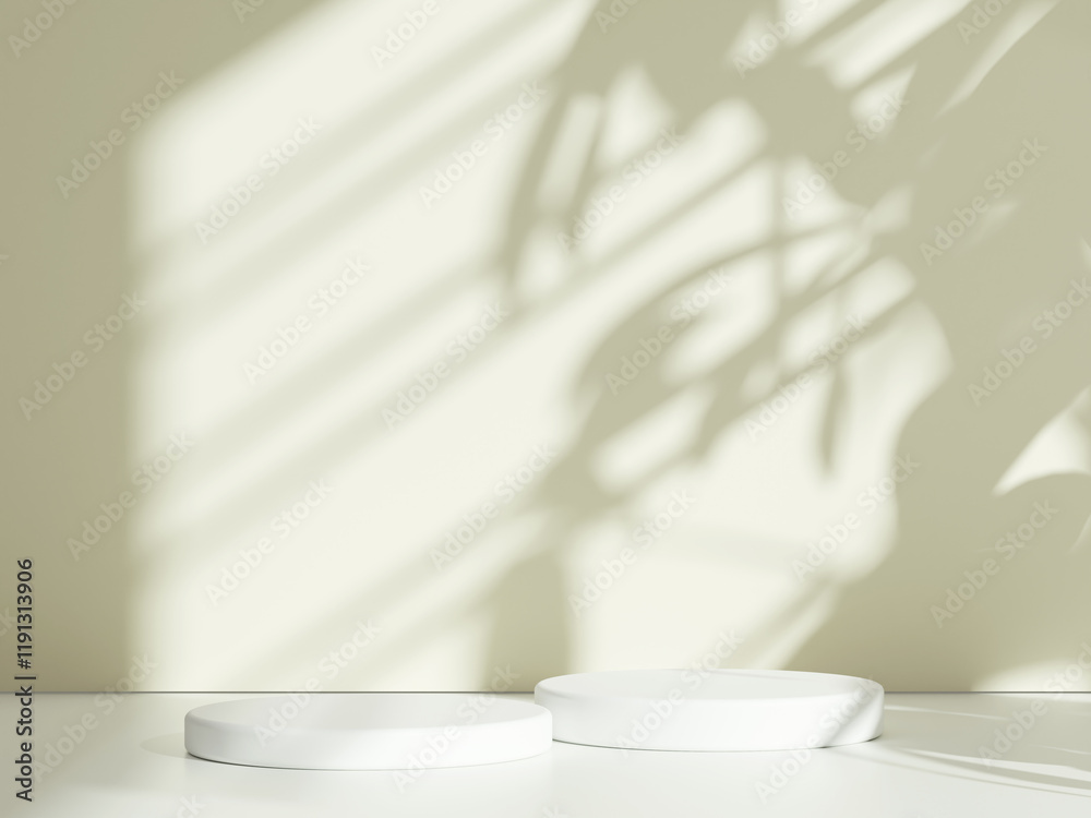 White cylindrical podium with tree leaf shadow background, illuminated by soft sunlight White cylindrical podium with tree leaf shadow background, illuminated by soft sunlight