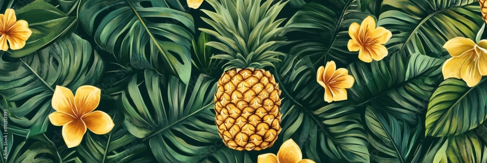 Fototapeta premium Vibrant tropical seamless pattern of pineapples with lush green leaves and yellow flowers for endless summer vibes. Generative AI