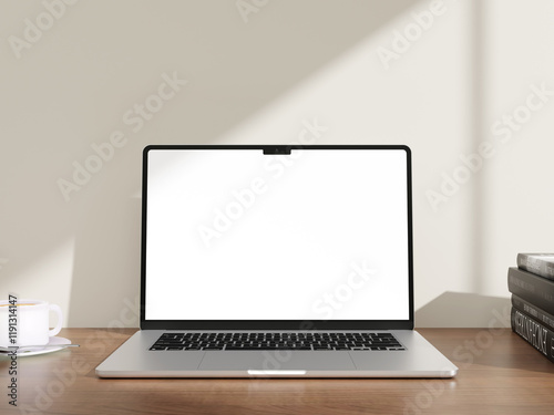 Laptop blank screen on wood table mockup, template for your text for background and device screen