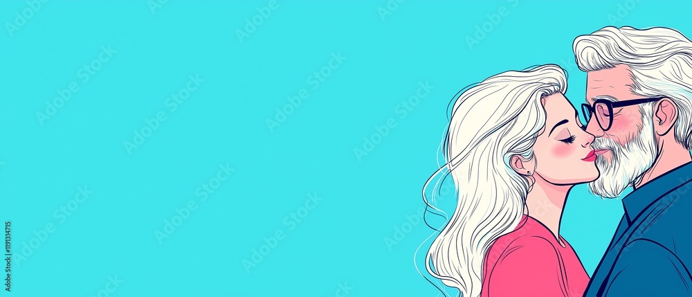 A heartwarming illustration of a couple sharing a gentle kiss, symbolizing love and affection. The vibrant turquoise background enhances the emotional connection between them. A heartwarming illustration of a couple sharing a gentle kiss, symbolizing love and affection. The vibrant turquoise background enhances the emotional connection between them.