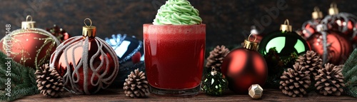 Festive Holiday Scene with Ornamented Decorations and Seasonal Drink for Celebrations photo