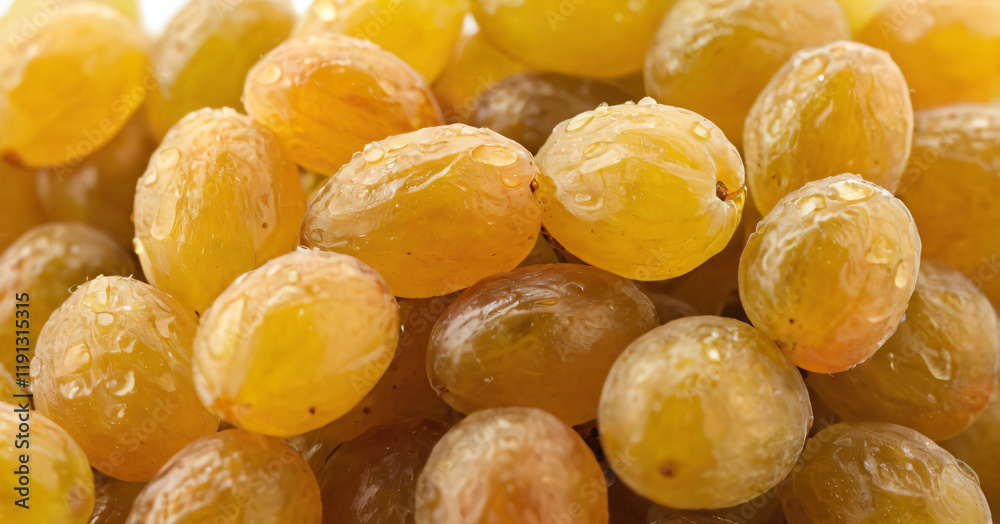 Micro close-up and details of Organic golden long size raisins (dry grapes ) isolated over white background
