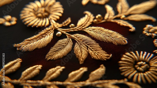 Close up view of intricate goldwork embroidery showcasing floral and leaf designs on a dark background