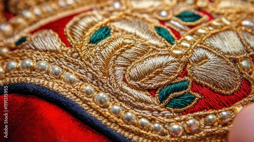 Close up view of intricate goldwork embroidery showcasing detailed floral patterns with pearls and colorful threads photo