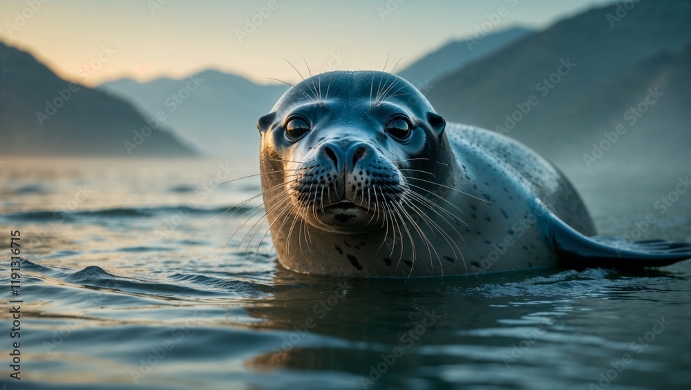 Fototapeta premium Baikal seal swimming in the calm waters with mountains in the background during golden hour
