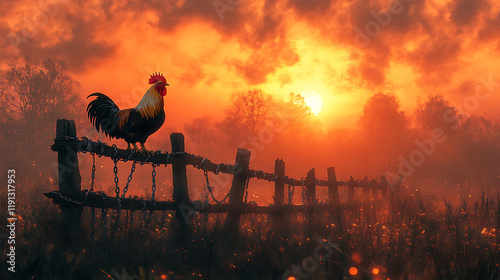 A wide-angle view of a peaceful sunrise with a rooster crowing on a wooden fence, broken chains in the foreground glistening in soft light, symbolic tones of freedom and redemption, intricate realism, photo