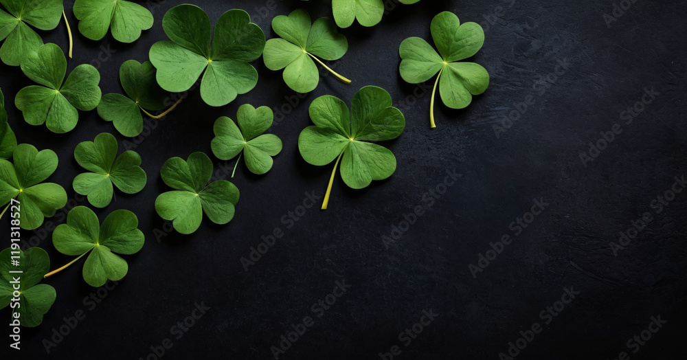 St. Patrick's Day leaves on black background. Patrick Day backdrop decorated with shamrock leaves. Patrick Day pub party. Space for your text. Art design, Wide format banner