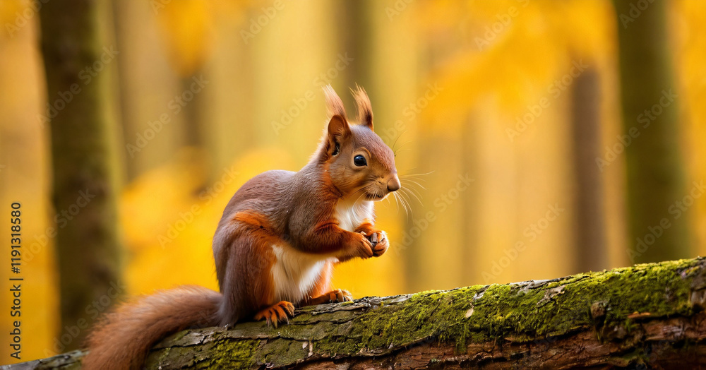 The Eurasian red squirrel (Sciurus vulgaris) in its natural habitat in the autumn forest. Portrait of a squirrel close up. The forest is full of rich warm colors.