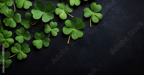 Obraz na płótnie St. Patrick's Day leaves on black background. Patrick Day backdrop decorated with shamrock leaves. Patrick Day pub party. Space for your text. Art design, Wide format banner w salonie