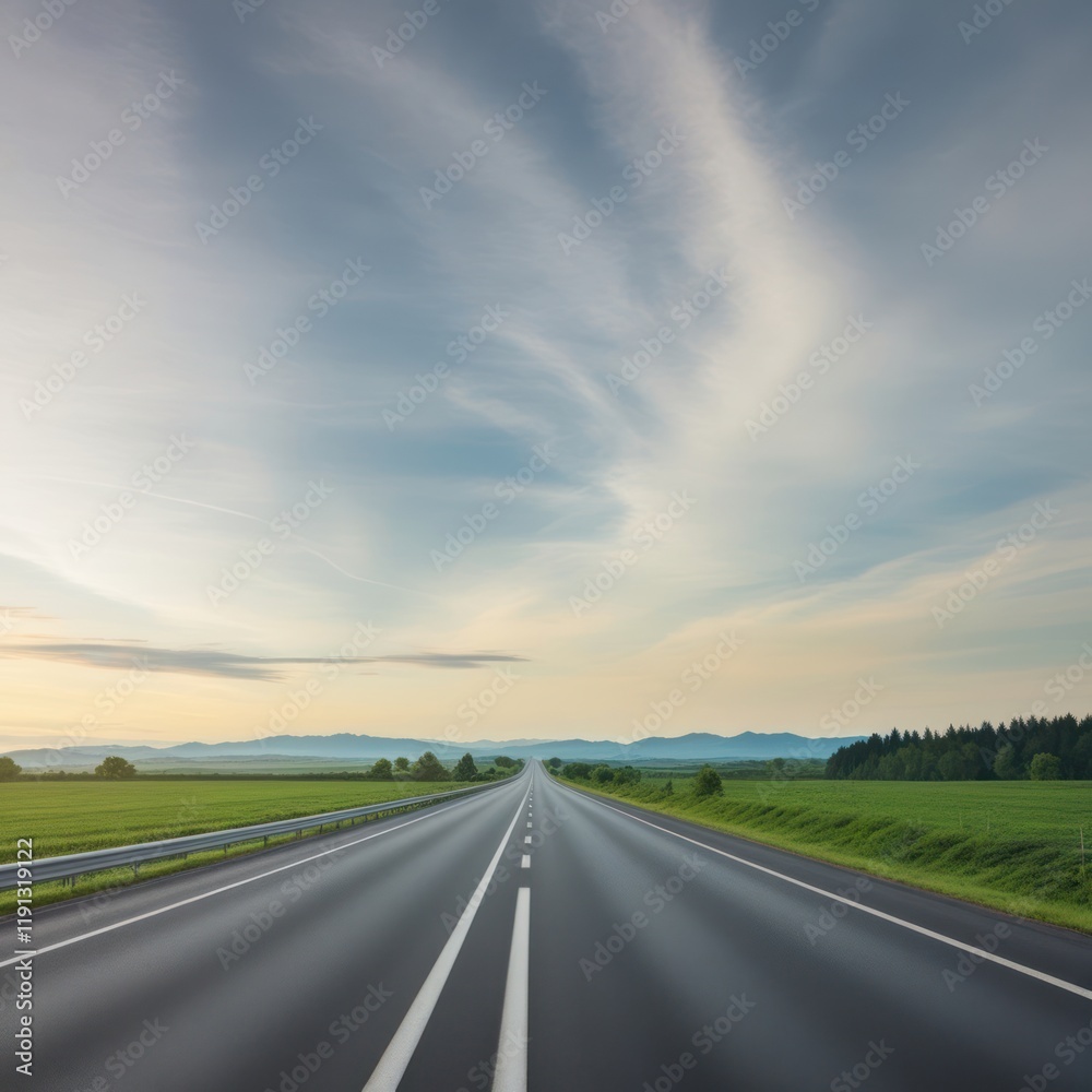 Driving on the long, empty highway under a vast sky Driving on the long, empty highway under a vast sky