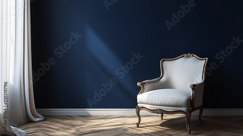 Modern armchair against empty wall in minimalist room interior background.
