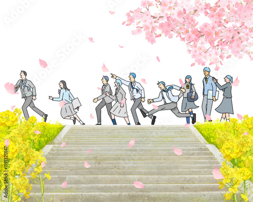 桜の木と菜の花咲く土手沿いを歩く大勢の学生男女ー土手に階段ー卒業入学ーベクターイラスト白バック背景素材