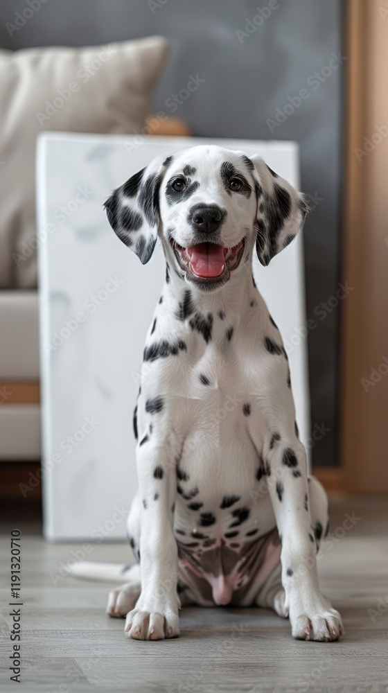 Adorable Dalmatian Puppy Smiling in Modern Living Room Setting Adorable Dalmatian Puppy Smiling in Modern Living Room Setting