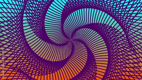Vivid optical illusion 3d animation with color changing purple spiral pattern on gradient color background. Spirals provide the illusion of continuous, repeating movement