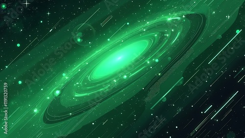 Glowing Green Galaxy Futuristic Space Scene in Motion, Vivid Sci-Fi Universe Illustration for Creative Projects, Abstract Cosmic Swirl with Stars and Energy Waves, Green Landscape Background.