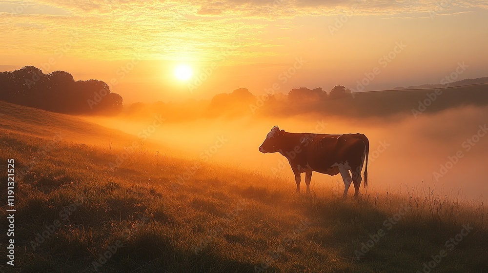 Sunrise, foggy field, lone cow, peaceful scene. Sunrise, foggy field, lone cow, peaceful scene.