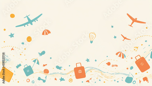 Abstract border with soft pastel hues, featuring stylized vacation symbols like luggage, passports, and beach umbrellas, perfect for a travel brochure design