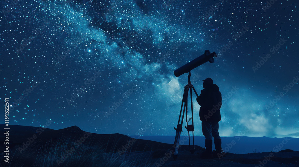 Astronomer discovering a new celestial body using a large telescope, Nighttime observatory setting, starry sky, intense focus on the telescope, ambient starlight. Astronomer discovering a new celestial body using a large telescope, Nighttime observatory setting, starry sky, intense focus on the telescope, ambient starlight.