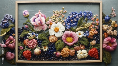 Beautiful floral crewel embroidery artwork featuring vibrant flowers and lush foliage created with intricate stitching techniques