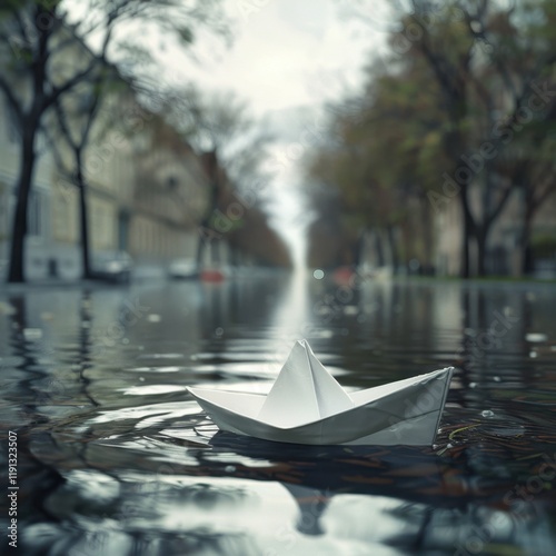 Paper Boat Adrift in Flooded Street Amidst Rising Waters photo