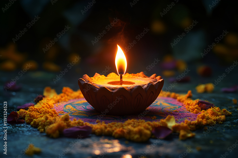 A beautifully decorated clay diya lit with a warm, glowing flame, surrounded by fresh marigold petals and rangoli powders, set against a dark background. A beautifully decorated clay diya lit with a warm, glowing flame, surrounded by fresh marigold petals and rangoli powders, set against a dark background.