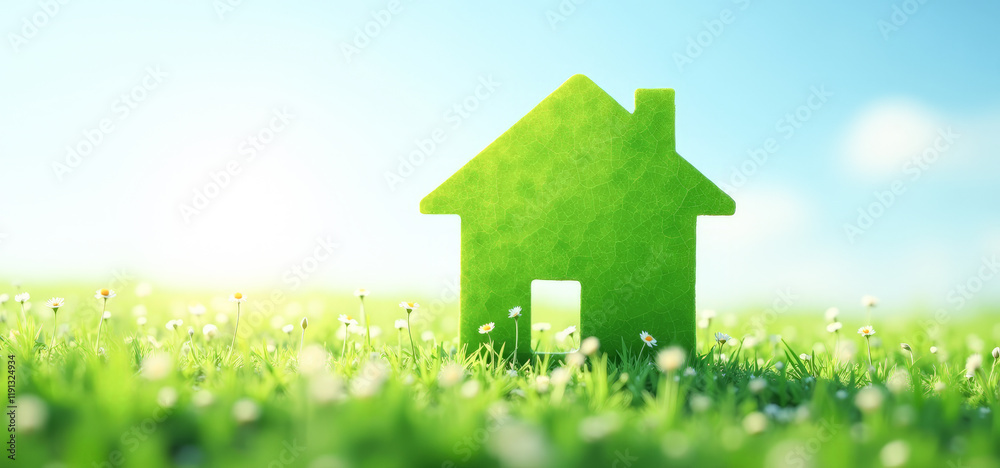 a house made of green leaves on a blooming field , an ecological concept a house made of green leaves on a blooming field , an ecological concept