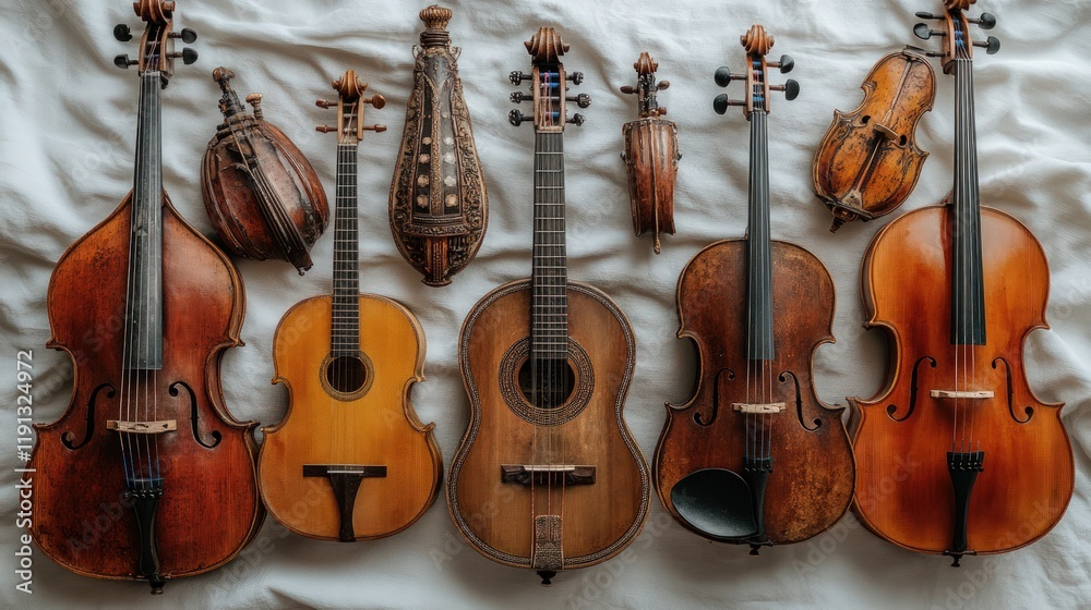 Naklejka premium Antique stringed instruments arranged on fabric.