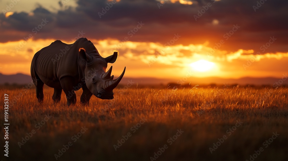 Fototapeta premium Majestic Rhino at Sunset in African Savanna