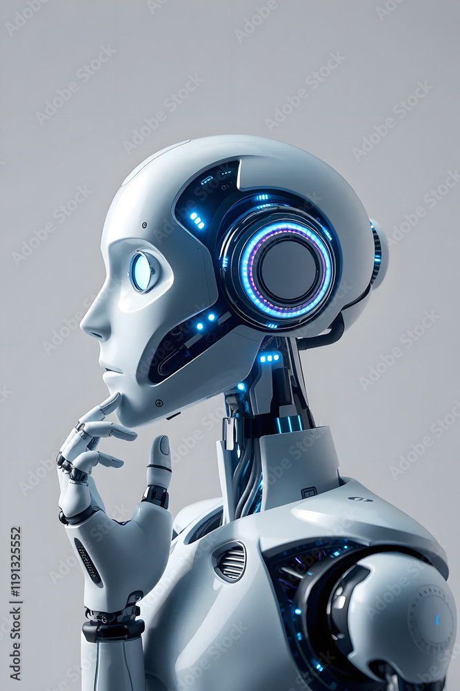 A futuristic humanoid robot with a sleek white design, holding a finger to its lips in a gesture of silence against a plain white background. Artificial intelligence robot thinking. A futuristic humanoid robot with a sleek white design, holding a finger to its lips in a gesture of silence against a plain white background. Artificial intelligence robot thinking.