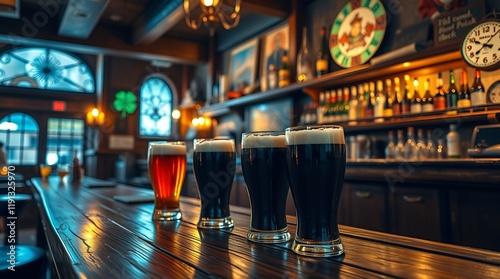 St. Patrick’s Day, Irish Pub Scene, Irish pub scene with assorted beers on bar counter creating festive atmosphere photo