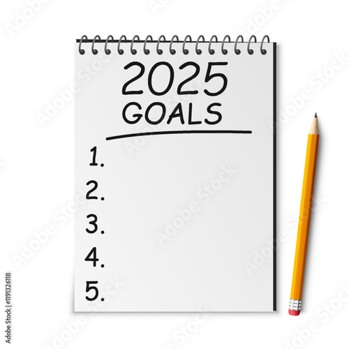2025 year goals list with notebook and pencil, checklist, plan, goals and action, space for text - vector