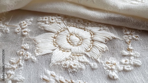 Intricate whitework embroidery showcasing floral design on delicate fabric with fine stitching techniques from the early 20th century photo