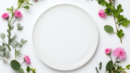 with a blank white square surrounded by pink chrysanthemums, eucalyptus leaves, and branches on a white background