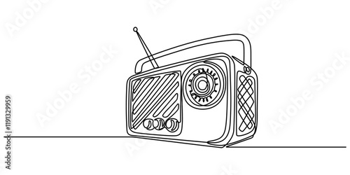Radio one line continuous line. Line art retro radio outline, silhouette. Hand drawn vector art, Continuous one line drawing a vintage radio with a telescopic antenna sits on a table. The versatility 