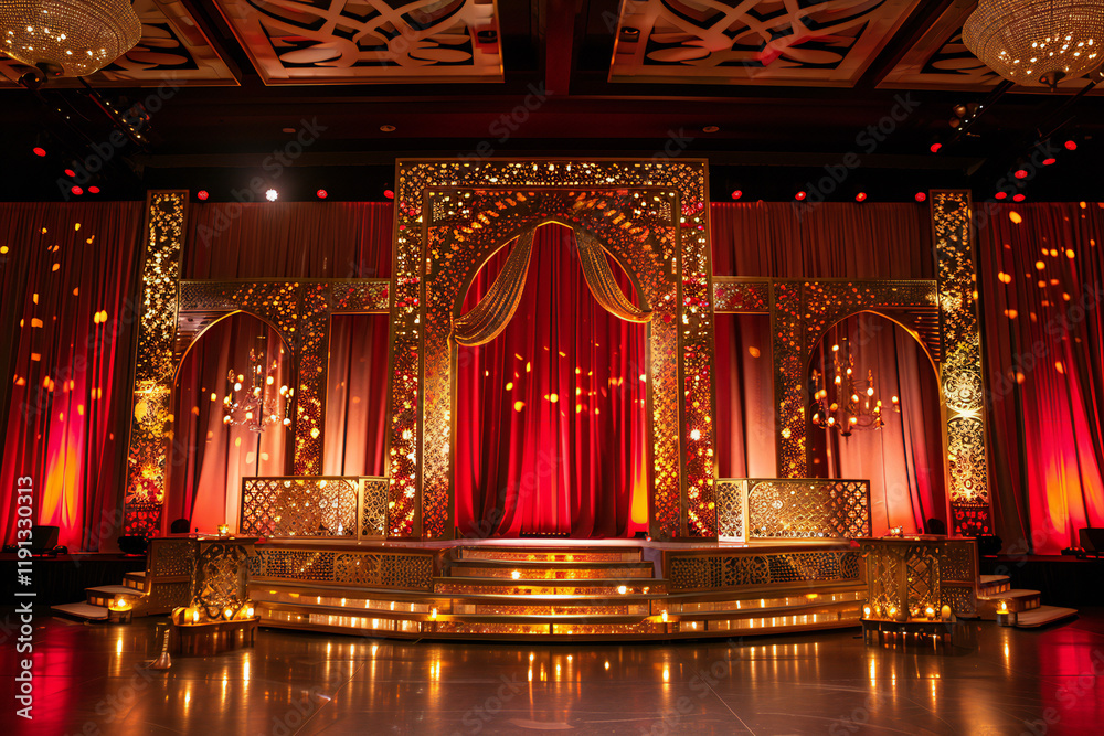 Obraz premium Red Theater Stage with Dramatic Lighting and Velvet Curtains, Elegant Performance Venue Setup with Spotlight and Theatrical Atmosphere