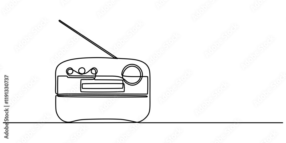 Radio one line continuous line. Line art retro radio outline, silhouette. Hand drawn vector art, Continuous one line drawing a vintage radio with a telescopic antenna sits on a table. The versatility Radio one line continuous line. Line art retro radio outline, silhouette. Hand drawn vector art, Continuous one line drawing a vintage radio with a telescopic antenna sits on a table. The versatility