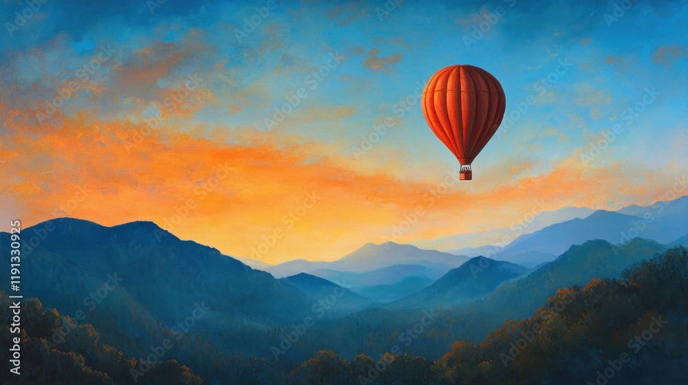 Red hot air balloon soaring over majestic mountains at sunset. Red hot air balloon soaring over majestic mountains at sunset.