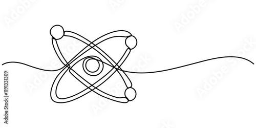Continuous one line drawing atom or proton nucleus sign symbol isolated vector illustration, Atom symbol line art illustration, Continuous Line Drawing of Science Icon. science icon continuous one. 