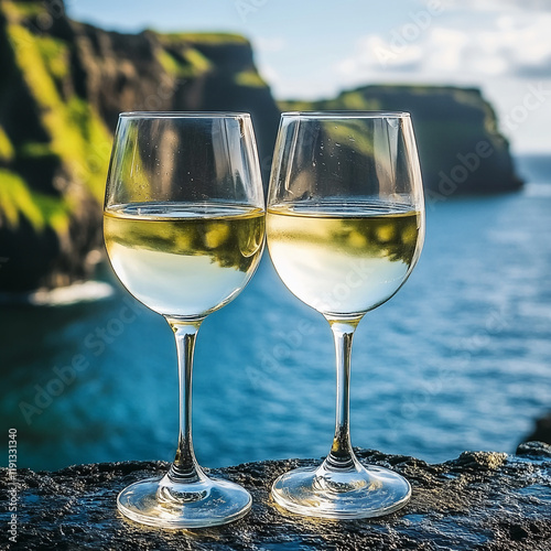 Two glasses of white wine with a scenic ocean and cliffside view photo