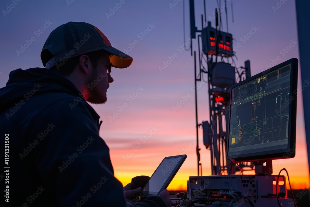 Technician sunset backdrop, inspecting communication tower.