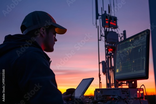 Obraz na płótnie Technician sunset backdrop, inspecting communication tower. w salonie