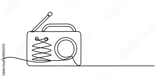Radio one line continuous line. Line art retro radio outline, silhouette. Hand drawn vector art, Continuous one line drawing a vintage radio with a telescopic antenna sits on a table. The versatility 