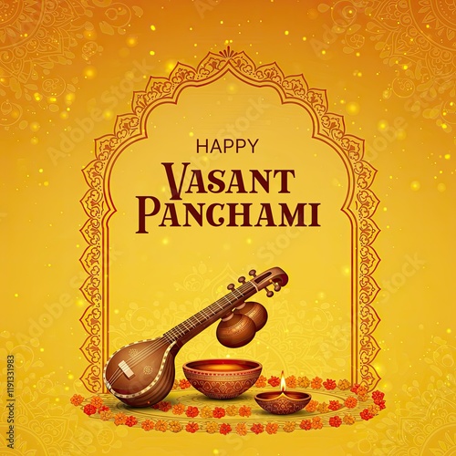 Happy Vasant Panchami Greeting Card and Post. Maa Saraswati Pooja with Text and Sitar Background Design
