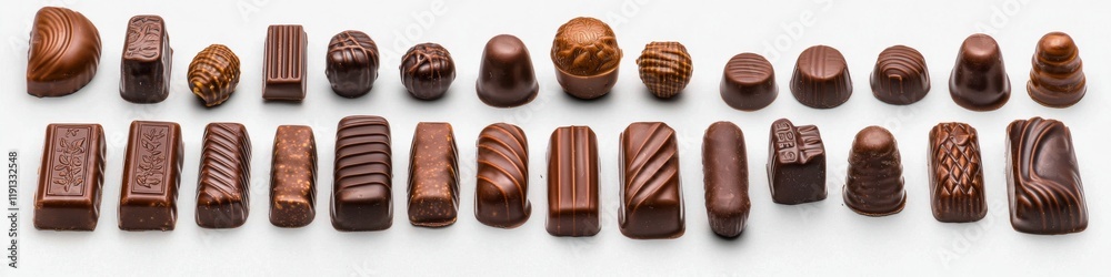 Obraz premium Delightful assortment of handcrafted chocolates displayed on a white surface for an elegant treat or gift