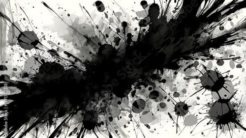 Abstract black ink splatters on a white background, creating a dynamic and artistic visual effect.