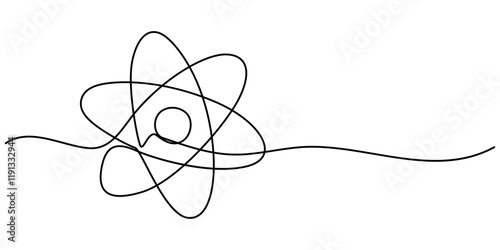 Continuous one line drawing atom or proton nucleus sign symbol isolated vector illustration, Atom symbol line art illustration, Continuous Line Drawing of Science Icon. science icon continuous one. 