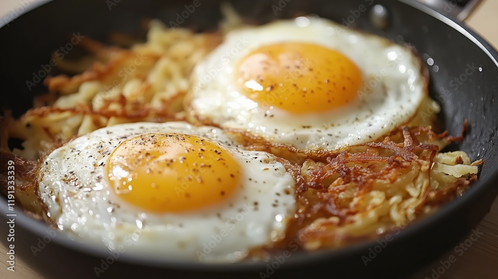 Golden fried eggs rest on a bed of crispy hash browns in a sizzling skillet. Golden fried eggs rest on a bed of crispy hash browns in a sizzling skillet.