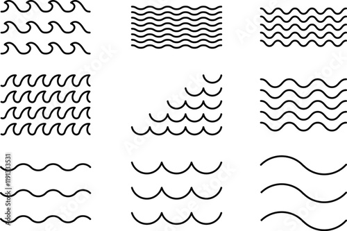 Ocean, sea waves flat simple lines vector set