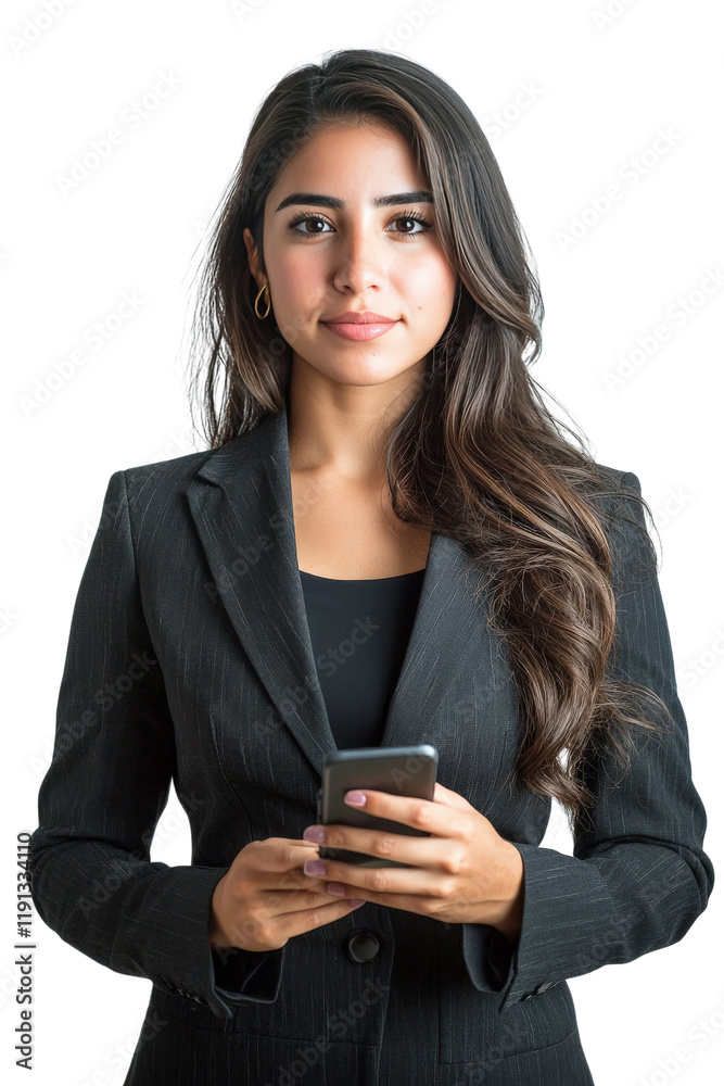 A confident young Hispanic woman in her 20s, wearing a business suit, holding a phone, isolated on transparent background, PNG file A confident young Hispanic woman in her 20s, wearing a business suit, holding a phone, isolated on transparent background, PNG file